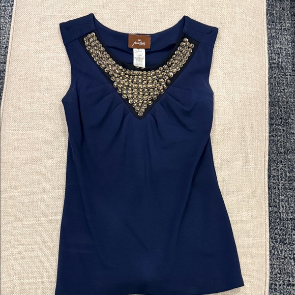 Navy Sleeveless Knit Top with Gold Metallic Embellishments - Picture 1 of 4